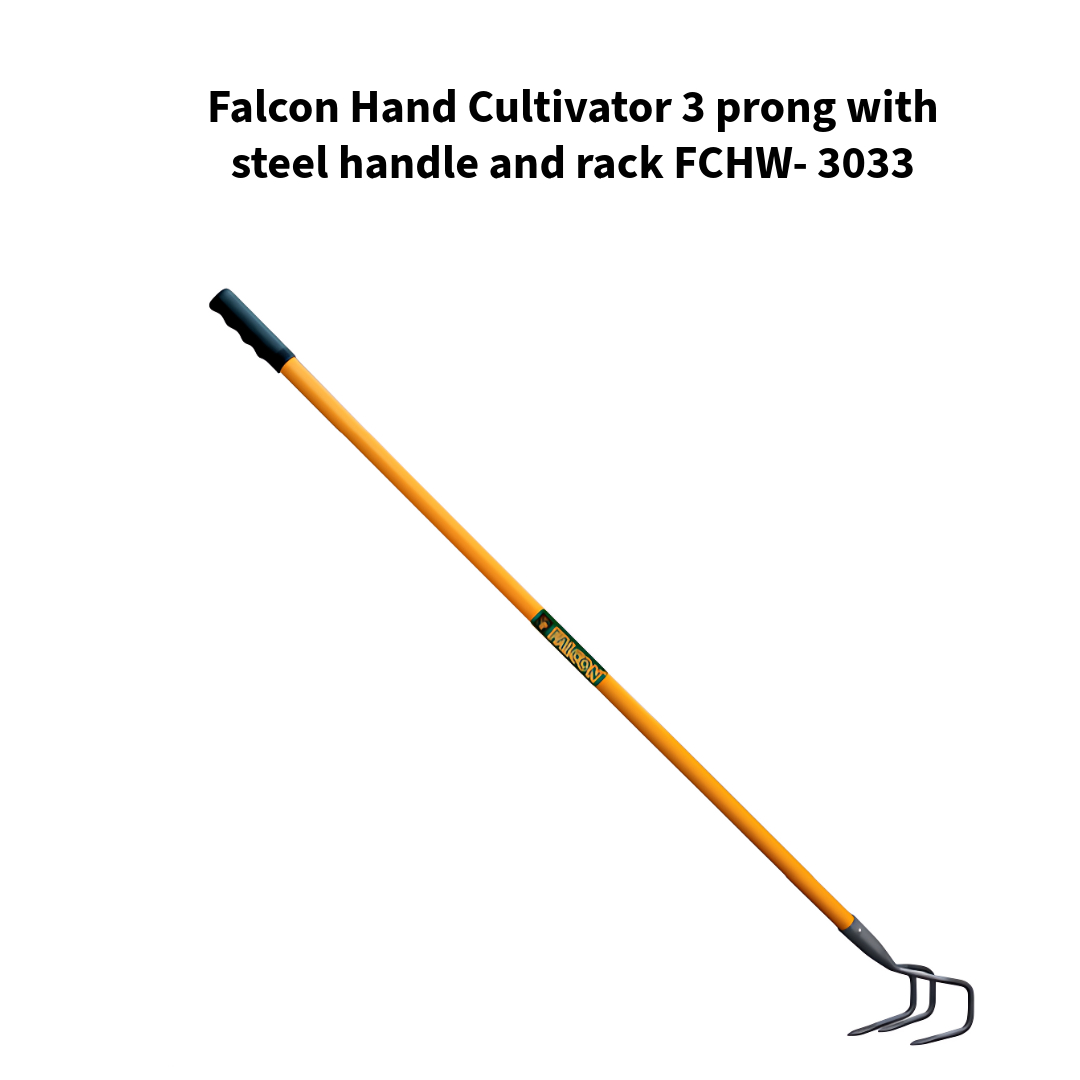 Falcon-Hand-Cultivator-3-prong-with-steel-handle-and-rack-FCHW-3033