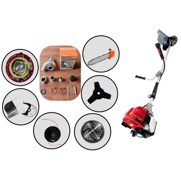 डिवाइन ब्रश कटर प्लस वाटर पंप प्लस चेनसॉ प्लस नायलॉन ट्रिमर प्लस 3टी ब्लेड प्लस 8टी ब्लेड प्लस पैडी हार्वेस्टर